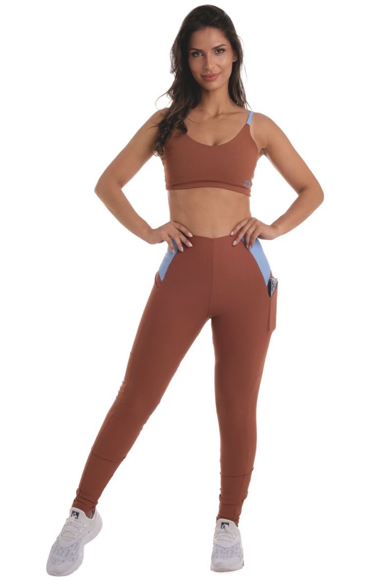 Legging Fintess Com Bolsos Zero Transparência Cocoa/serenity