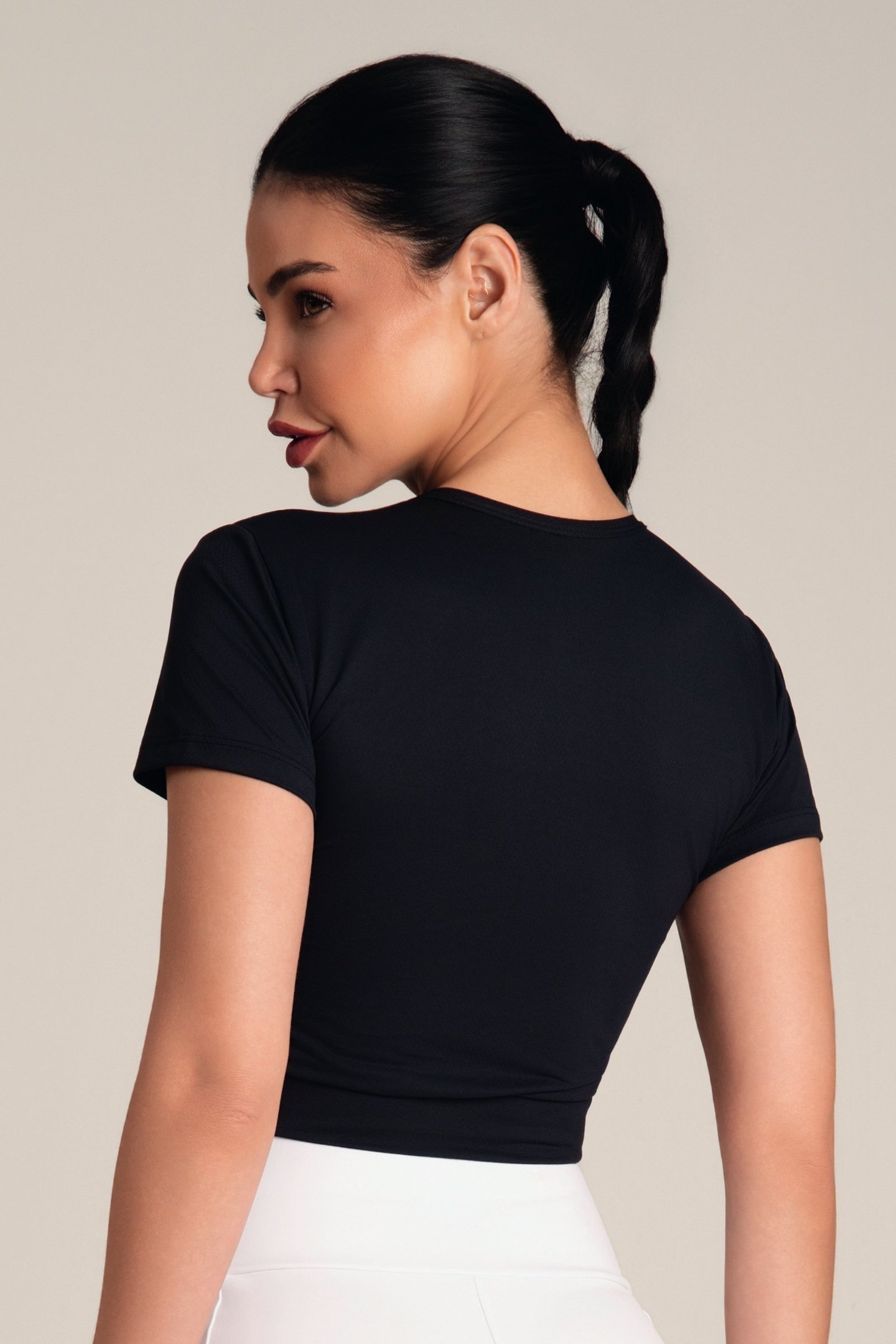 Cropped Manga Curta DryFit Poliamida Preto