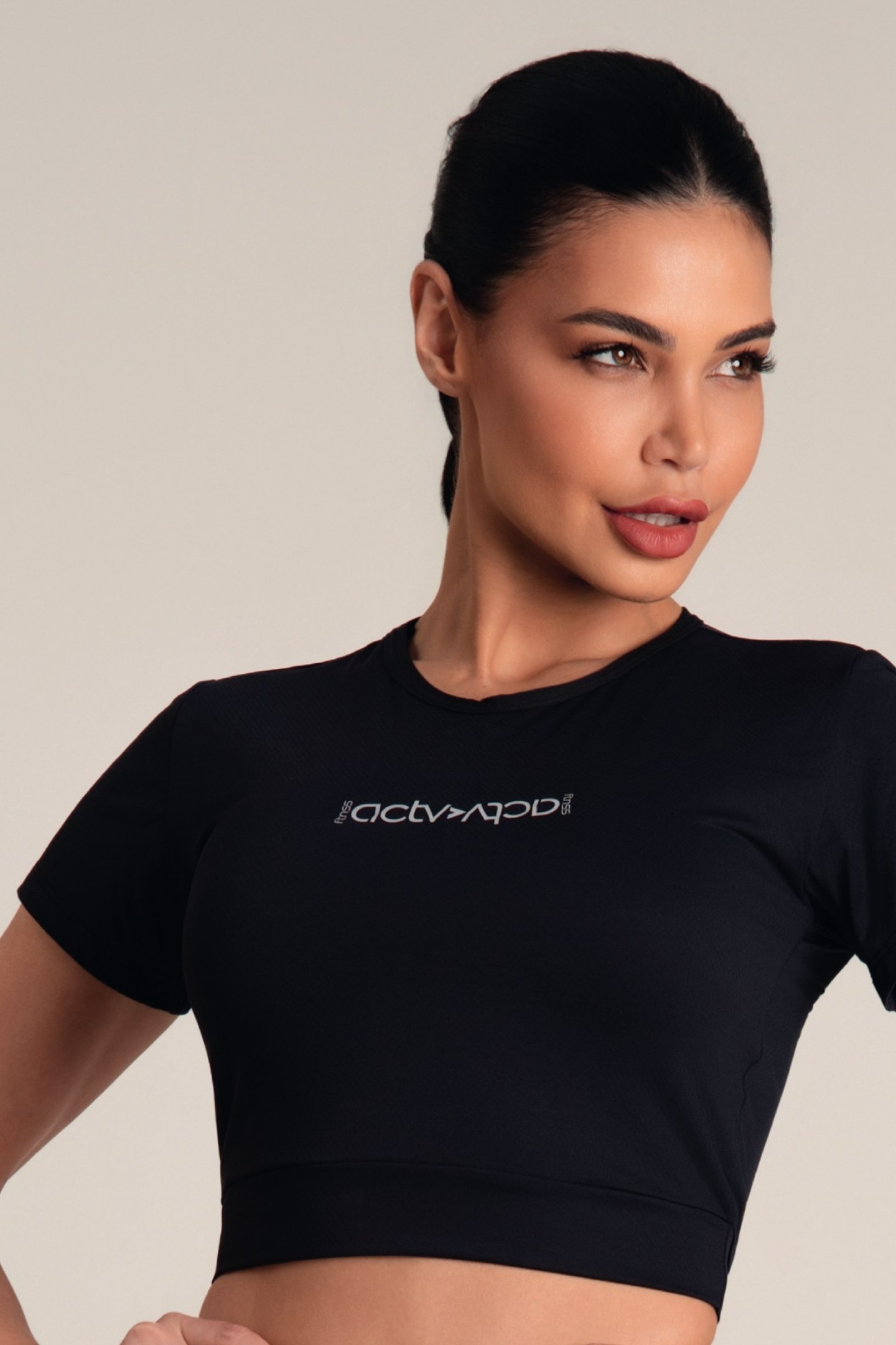 Cropped Manga Curta DryFit Poliamida Preto