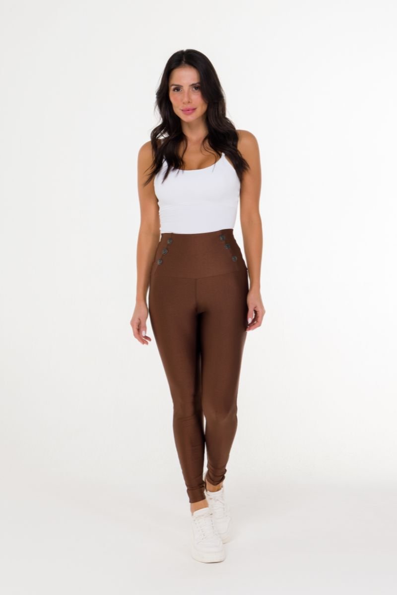 Calça Legging Brilho Cós Modelado Botões Coffee