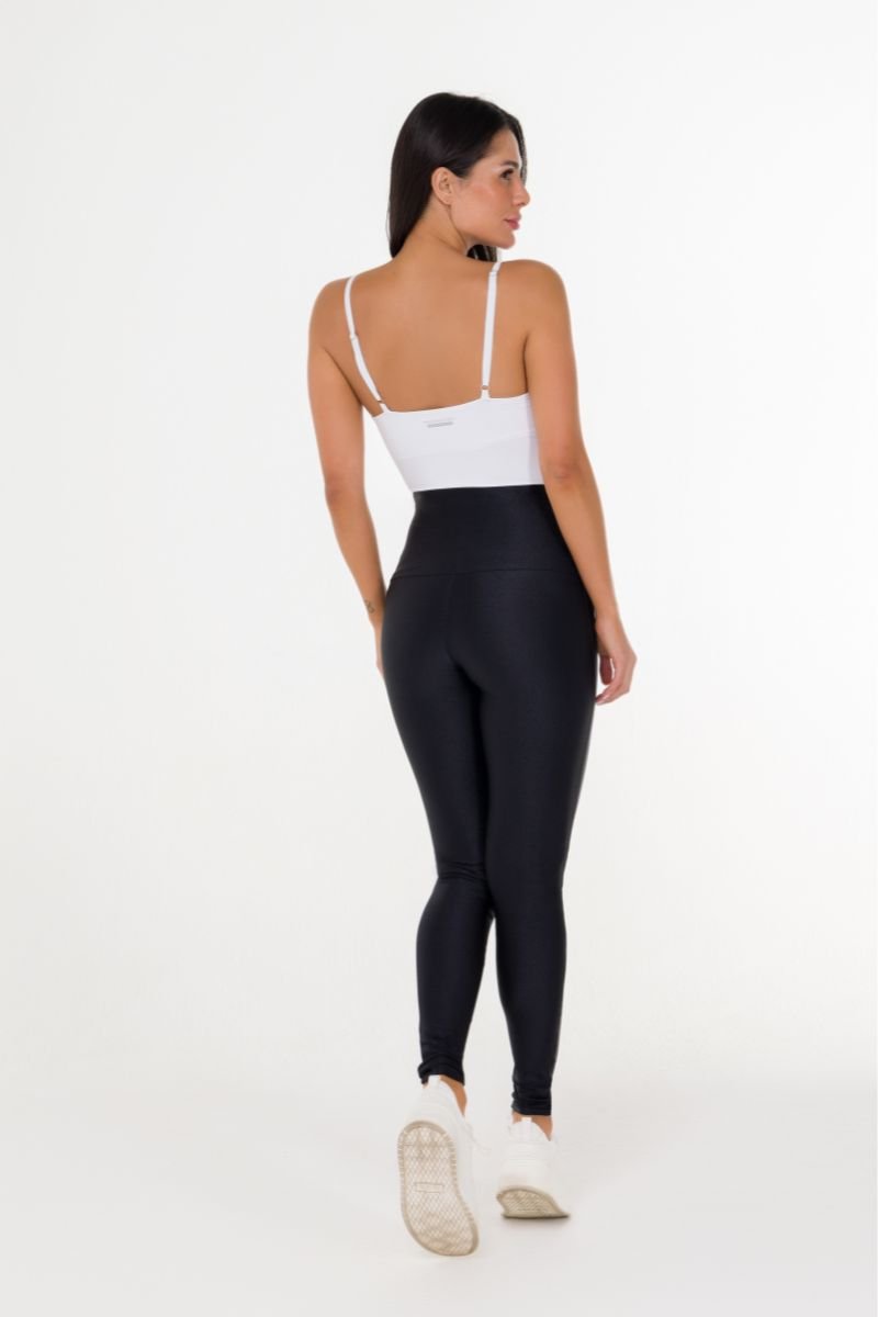 Calça Legging Brilho Cós Modelado Botões Preto